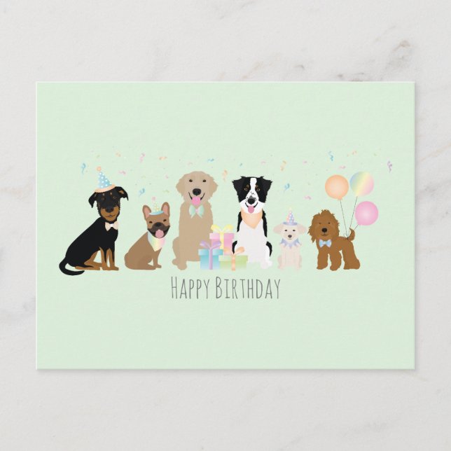 Happy Birthday Party Hunde Green Postkarte (Vorderseite)
