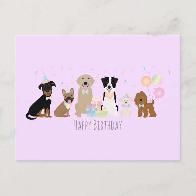 Happy Birthday Party Hunde Lila Postkarte (Vorderseite)