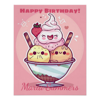 Happy Birthday Party Ice-Creme Kawaii Cartoon Poster
