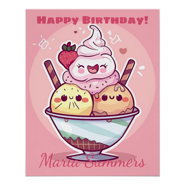 Happy Birthday Party Ice-Creme Kawaii Cartoon Poster (Vorderseite)