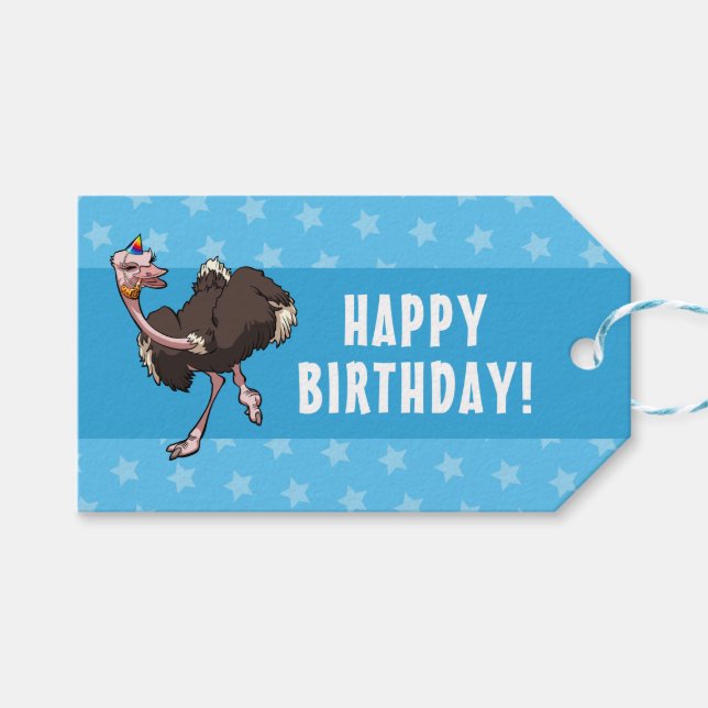 Happy Birthday Party Ostrich Tancing Cartoon Geschenkanhänger (Vorderseite (Horizontal))