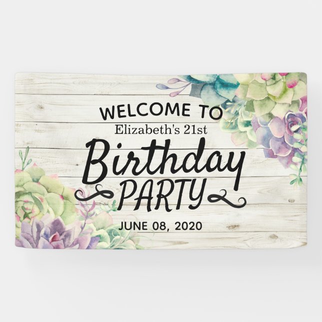 Happy Birthday Party Sukkulent Rustikales Holz Wil Banner (Horizontal)
