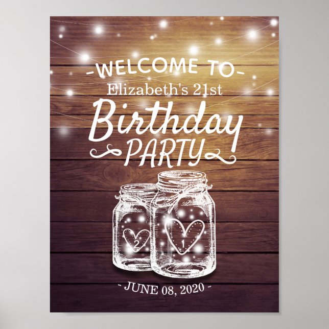 Happy Birthday Party Wood Mason Jar Lights Willkom Poster (Vorne)