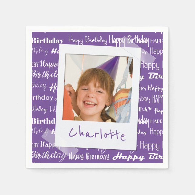 Happy Birthday Pattern Lila Party Kinder Foto Serviette (Vorderseite)