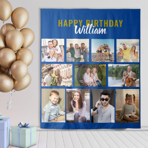 Happy Birthday Personalisiert 11 Foto Collage Blue Wandteppich