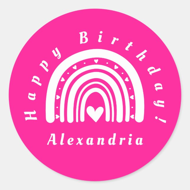 Happy Birthday Personalisiert Hot Pink Rainbow Runder Aufkleber (Vorderseite)