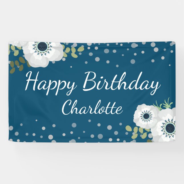 Happy Birthday Personalisiert Name Floral Blue Banner (Horizontal)