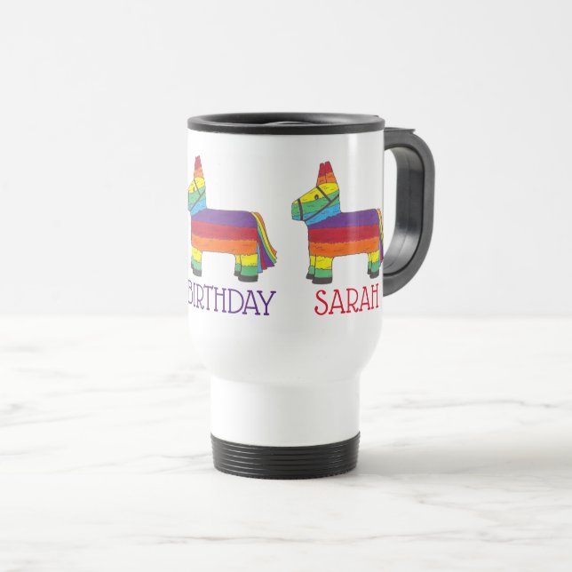 Happy Birthday Personalisiert Rainbow Donkey Piñat Reisebecher (VorderseiteRechts)