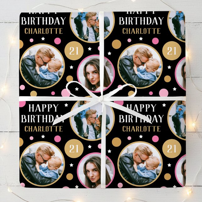Happy Birthday Photo Collage Any Age 21st Pink Geschenkpapier (Von Creator hochgeladen)