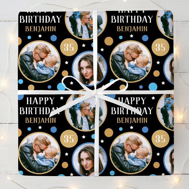 Happy Birthday Photo Collage Any Age 35th Blue Geschenkpapier (Von Creator hochgeladen)
