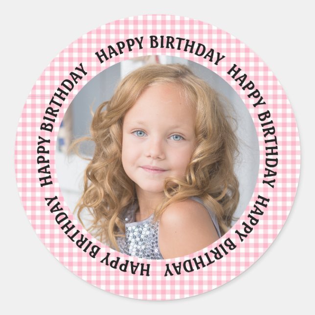 Happy Birthday Photo Gingham Pink Girls  Runder Aufkleber (Vorderseite)
