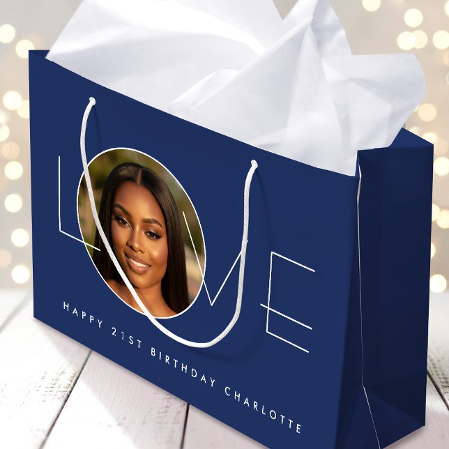 Happy Birthday Photo Love Typography Chic Navy Große Geschenktüte (Von Creator hochgeladen)
