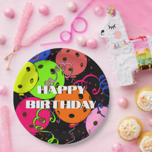 Happy Birthday Pickleball Balloons Confetti Black Pappteller