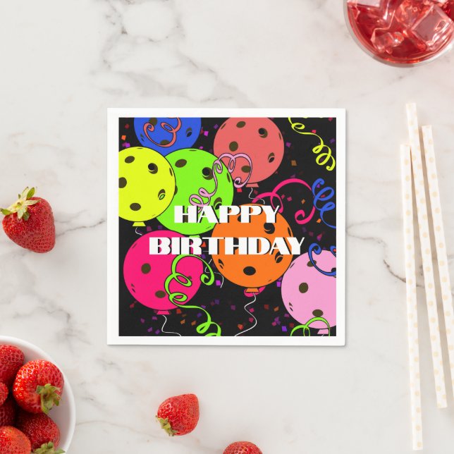 Happy Birthday Pickleball Balloons Confetti Black Serviette (Beispiel)