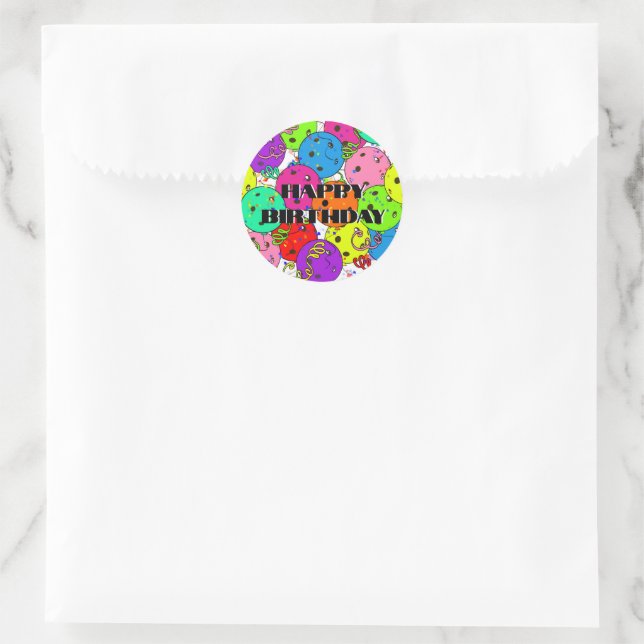 Happy Birthday Pickleball Balloons Confetti White Runder Aufkleber (Tasche)