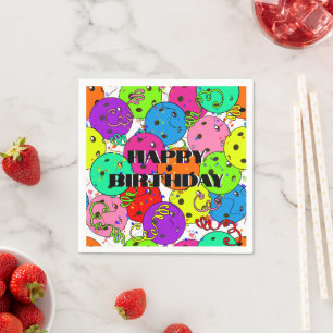 Happy Birthday Pickleball Balloons Confetti White Serviette