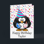 Happy Birthday Pinguin Kids Card Karte<br><div class="desc">Dieses niedliche, lustige, einzigartige Design hat einen Cartoon-Pinguin, der ein Geburtstagsgeschenk und einen Geburtstagskuchen trägt und einen niedliche Geburtstag-Hut mit einem farbenfrohen Polka-Dot-Hintergrund auf der Vorderseite trägt, mit den Worten "Happy Birthday Taylor". Und die Worte: "Ich hoffe, wenn heute alles fertig ist, können Sie sagen, dass Ihr Geburtstag Spaß gemacht...</div>