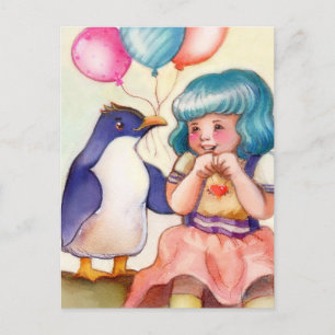 Happy Birthday Pinguin und Girl Postkarte
