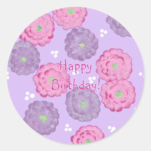 Happy Birthday, pink and purple flowers stickers (Vorderseite)