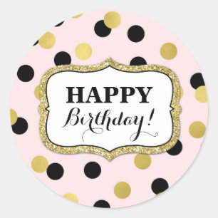 Happy Birthday Pink Black Gold Confetti Runder Aufkleber