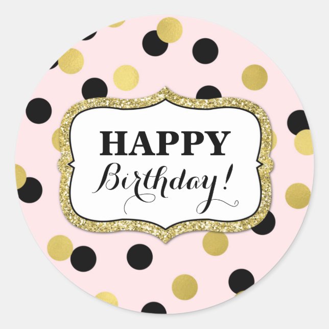 Happy Birthday Pink Black Gold Confetti Runder Aufkleber (Vorderseite)