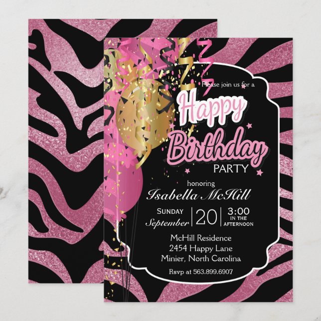 Happy BIrthday - Pink & Black Zebra Streifen Invit Einladung (Vorne/Hinten)