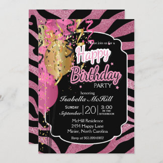 Happy BIrthday - Pink & Black Zebra Streifen Invit Einladung