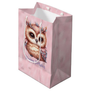 Happy Birthday Pink Brown Owl on Shiny Pink Mittlere Geschenktüte