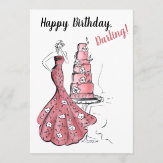Happy Birthday Pink Cake Fashion Illustration Karte