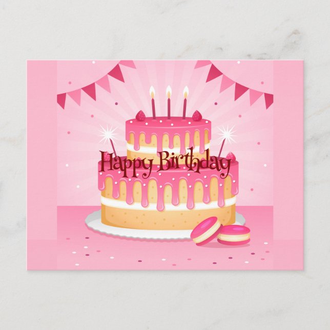 Happy Birthday Pink Cake Postkarte (Vorderseite)