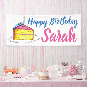 Happy Birthday Pink Cake Slice Candle Gastgeschenk Banner
