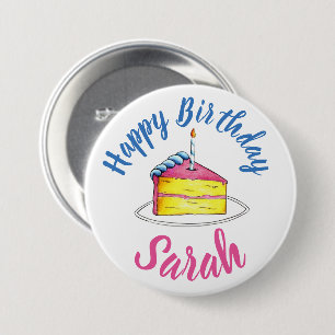 Happy Birthday Pink Cake Slice Candle Gastgeschenk Button