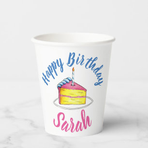 Happy Birthday Pink Cake Slice Candle Gastgeschenk Pappbecher