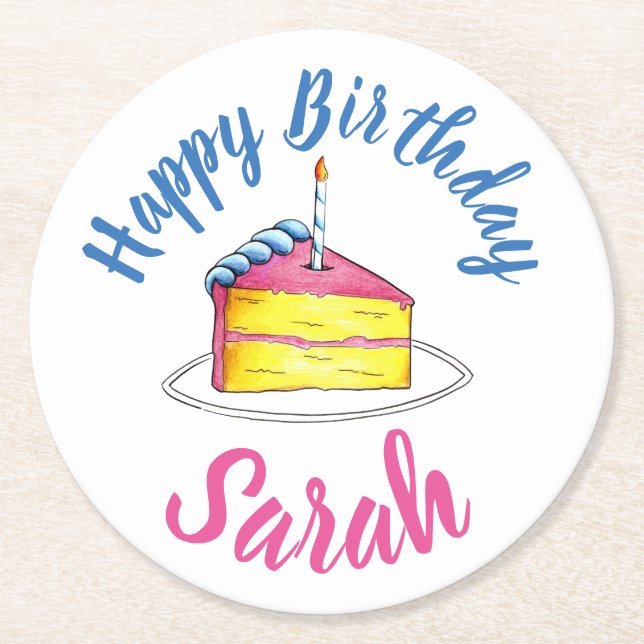 Happy Birthday Pink Cake Slice Candle Gastgeschenk Runder Pappuntersetzer (Vorderseite)