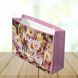 Happy Birthday Pink Chrysanthemums Floral Foto Große Geschenktüte