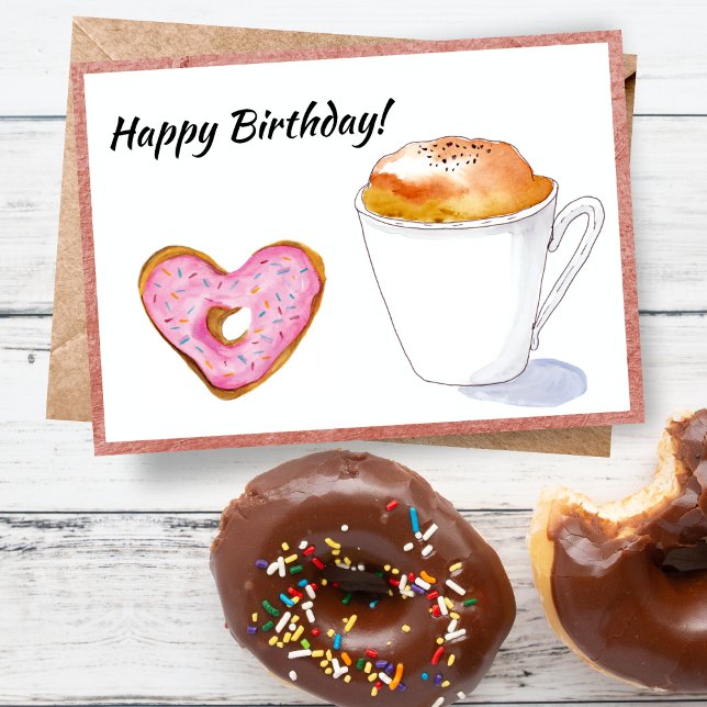 Happy Birthday Pink Donut Latte Karte (A donut with a Cappuccino is all you need to wish someone a Happy Birthday!)