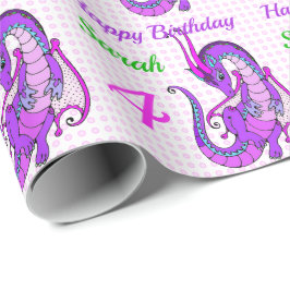 Happy Birthday Pink Dragon Girl's Name Custom Geschenkpapier