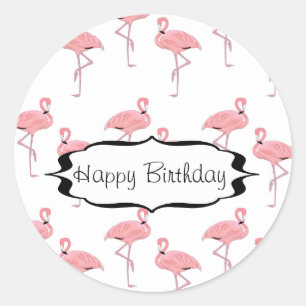 Happy Birthday Pink Flamingo Muster Runder Aufkleber