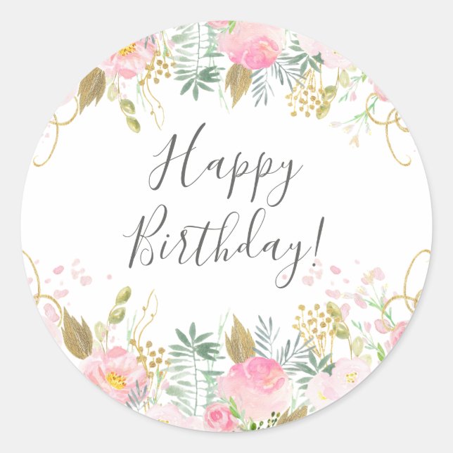 Happy Birthday Pink Floral Runder Aufkleber (Vorderseite)
