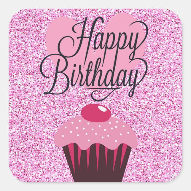 Happy Birthday Pink Glitzer Cupcake Stickers (Vorderseite)