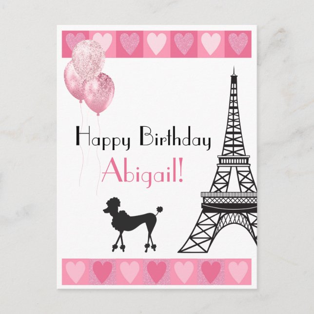 Happy Birthday Pink Heart Eiffel Tower Poodle Postkarte (Vorderseite)