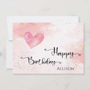 Happy Birthday Pink Heart Watercolor Karte