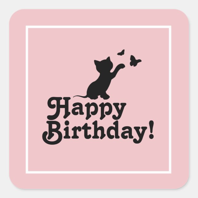 Happy Birthday Pink Kitten Cat Butterfly Sticker (Vorderseite)