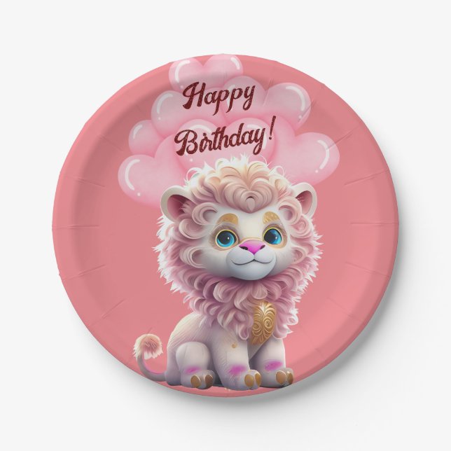 Happy Birthday Pink Lion Pappteller (Vorderseite)