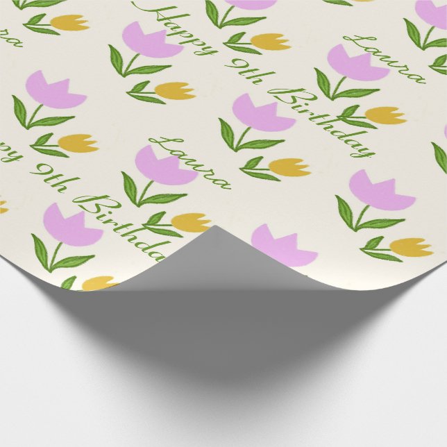 Happy Birthday Pink Orange Tulips Cute Custom Name Geschenkpapier (Ecke)