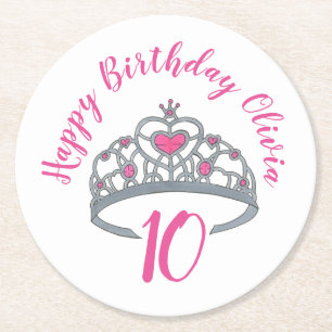 Happy Birthday Pink Princess Party Tiara Crown Runder Pappuntersetzer