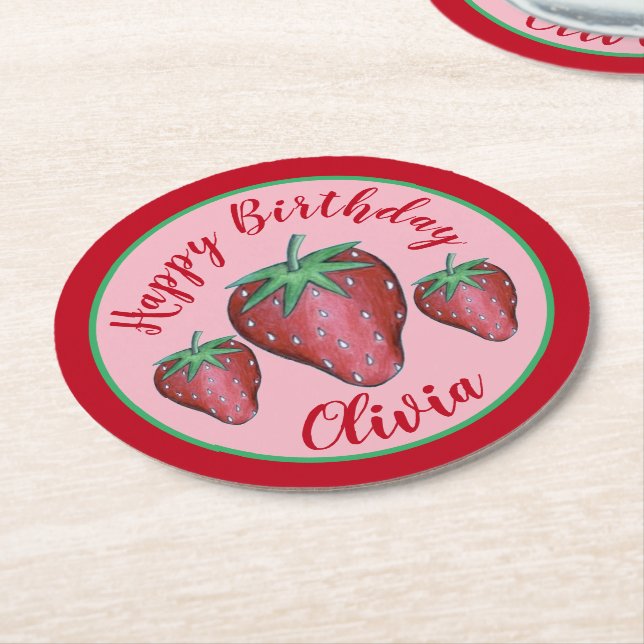 Happy Birthday Pink Red Sweet Strawberry Berries Runder Pappuntersetzer (Angewinkelt)