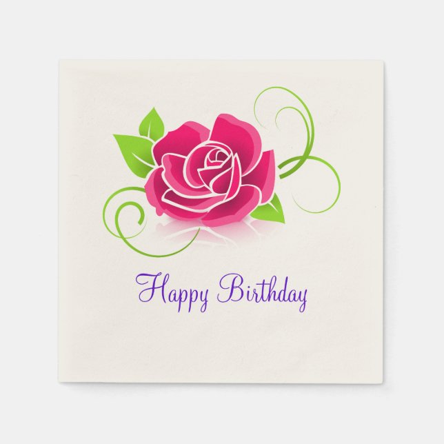 Happy Birthday Pink Rose Illustration Serviette (Vorderseite)
