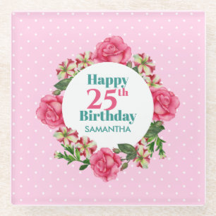 Happy Birthday Pink Rose Red White Petunia Polka Glasuntersetzer