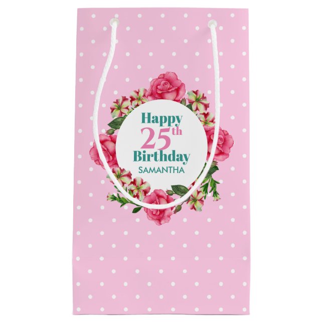 Happy Birthday Pink Rose Red White Petunia Polka Kleine Geschenktüte (Vorderseite)